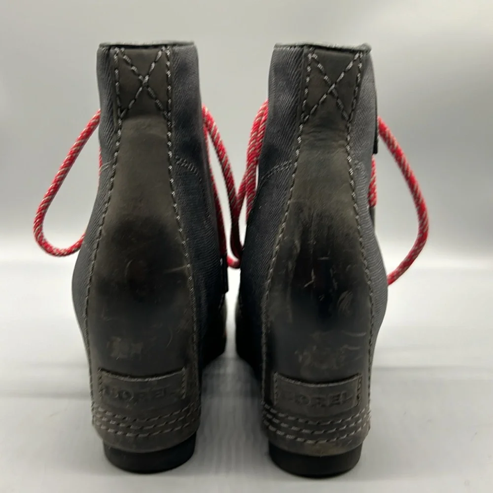 SOREL PDX GRAY LEATHER CANVAS LUG SOLE HIDDEN WEDGE HEEL LACE UP BOOT SIZE 8.5 - Picture 4 of 10